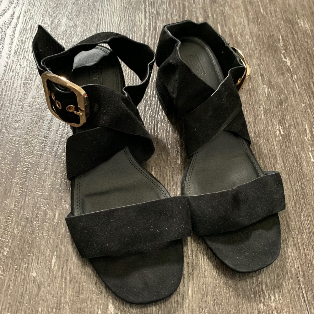 ASOS Black Suede Block Heel Strappy Sandals With Gold Buckle Women's Size 4 US 9